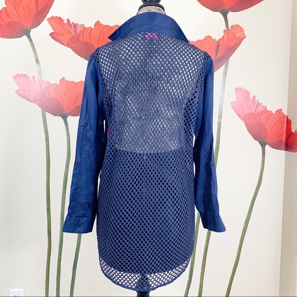 Forcynthia Beachwear Swim Navy Linen Shirt Swim Cover Up Roll Tab Sleeve Poshmark